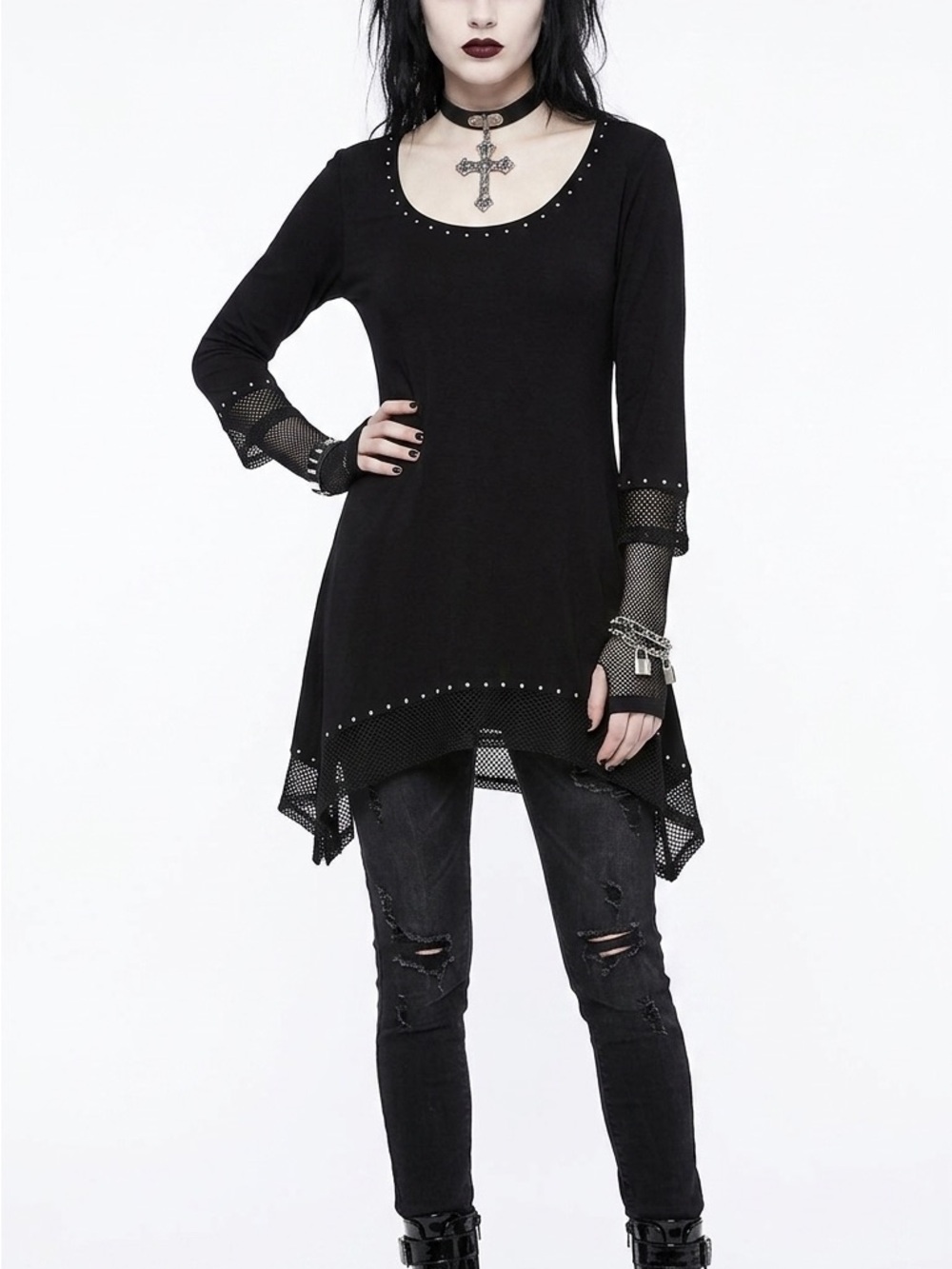 Belldini Black Asymmetrical Tunic Dress with Stud and Mesh Trim